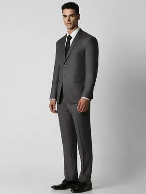 Men grey solid single-breasted two piece suit 3