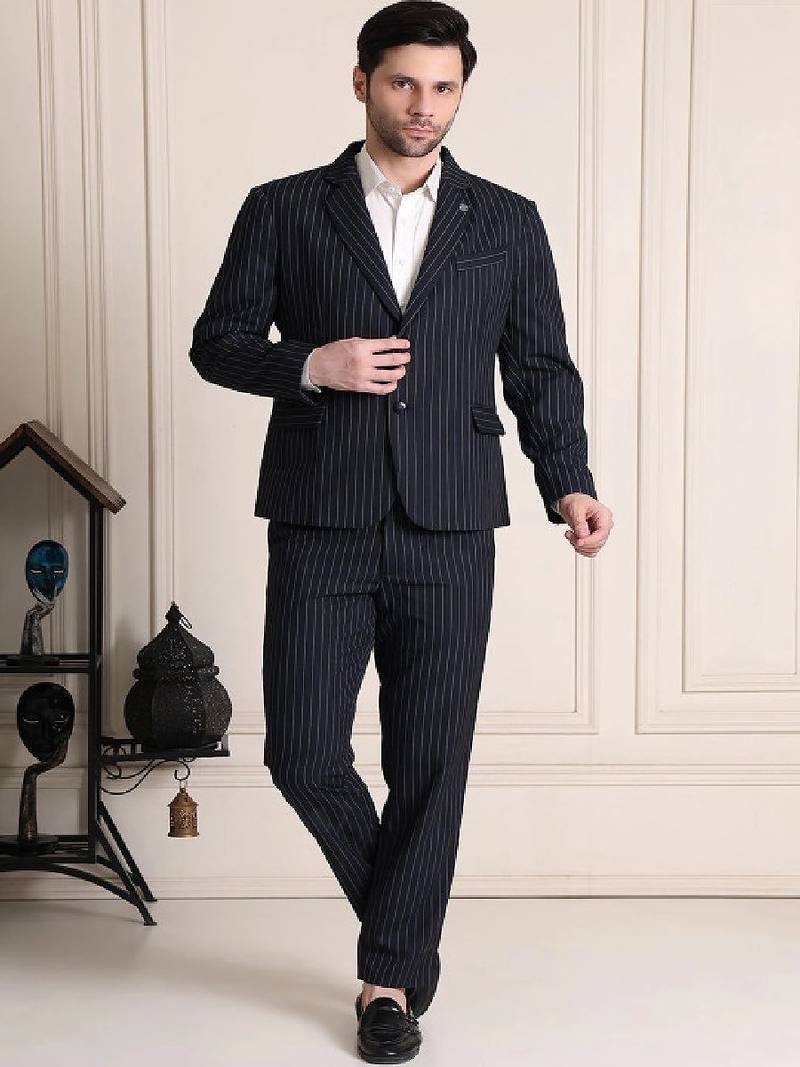 Striped notched lapel 2 piece blazer trousers suits