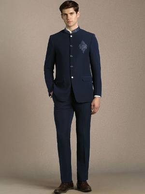 Embroidered notched lapel slim-fit single-breasted two-piece suit 1