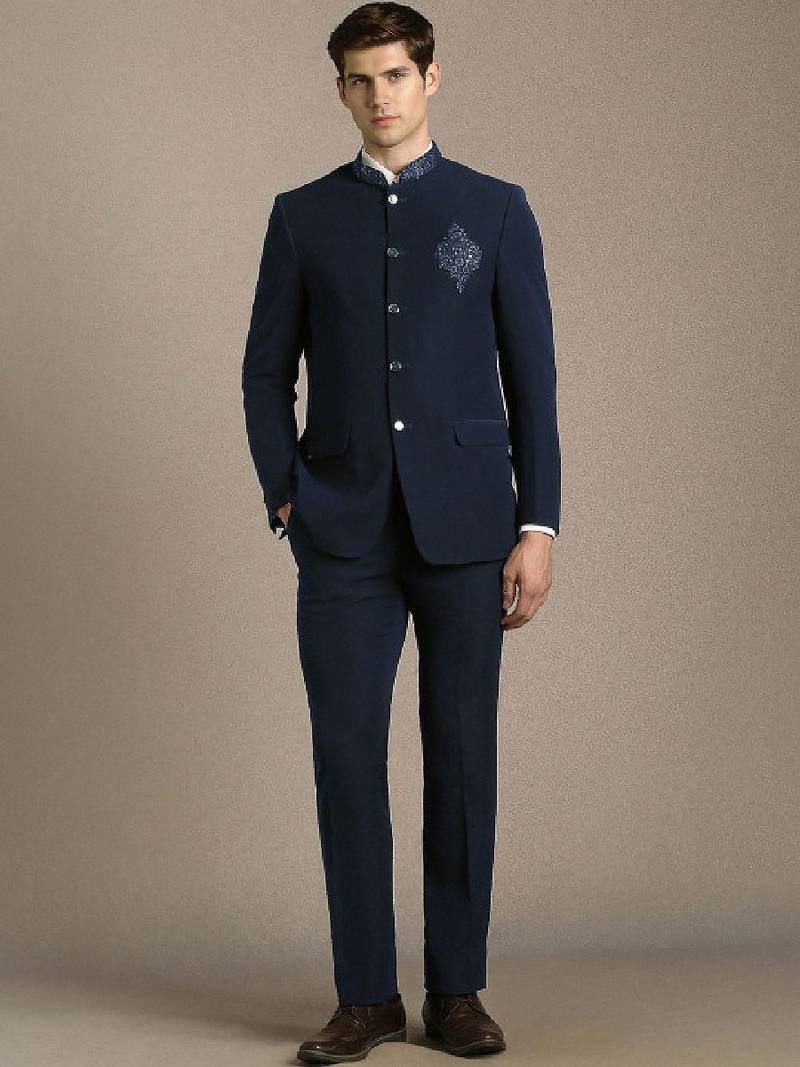 Embroidered notched lapel slim-fit single-breasted two-piece suit