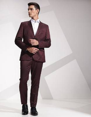 Self design textured slim fit single breasted formal 2 piece suits 4