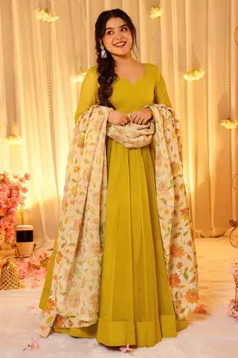 Yellow silk blend floral printed anarkali gown with dupatta for women