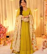 Yellow silk blend floral printed anarkali gown with dupatta for women