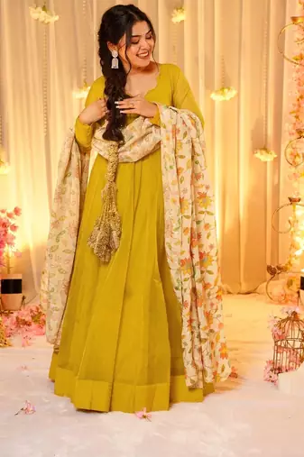Yellow silk blend floral printed anarkali gown with dupatta for women