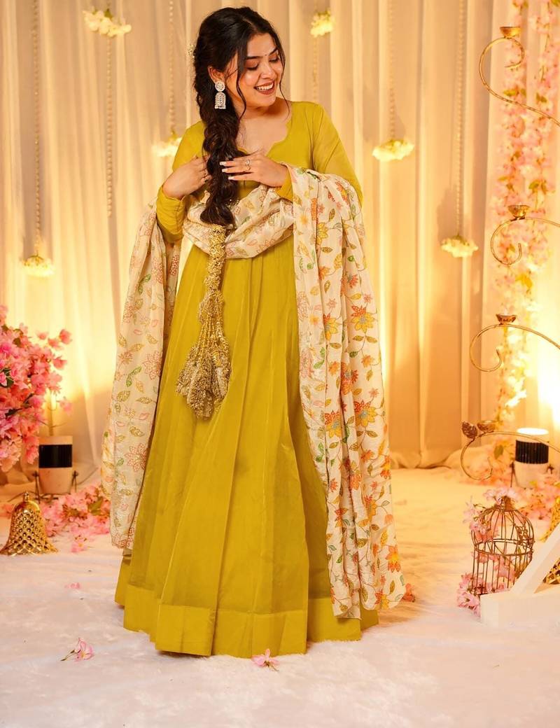 Yellow silk blend floral printed anarkali gown with dupatta for women