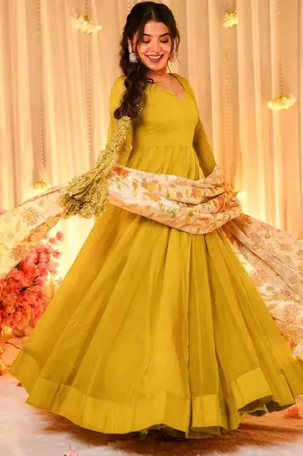 Yellow silk blend floral printed anarkali gown with dupatta for women