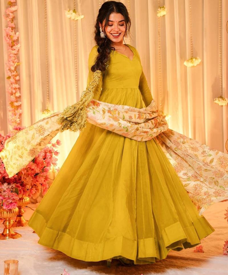 Yellow silk blend floral printed anarkali gown with dupatta for women