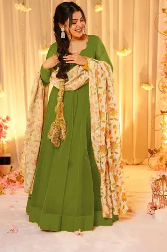 Green silk blend floral printed anarkali gown with dupatta for women