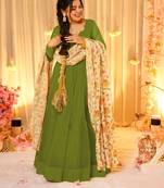 Green silk blend floral printed anarkali gown with dupatta for women