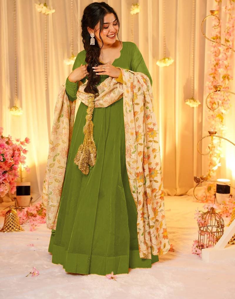 Green silk blend floral printed anarkali gown with dupatta for women