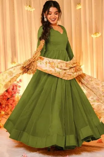 Green silk blend floral printed anarkali gown with dupatta for women