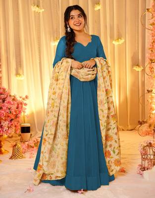 Blue silk blend floral printed anarkali gown with dupatta for women 1
