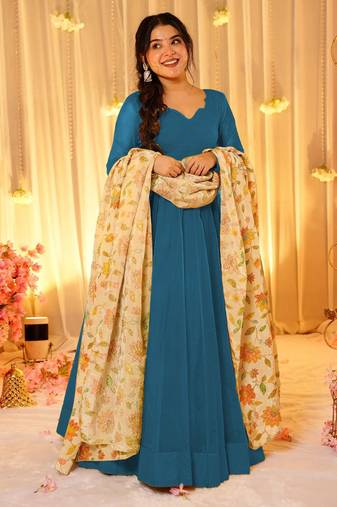 Blue silk blend floral printed anarkali gown with dupatta for women