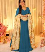 Blue silk blend floral printed anarkali gown with dupatta for women