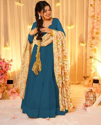 Blue silk blend floral printed anarkali gown with dupatta for women 2