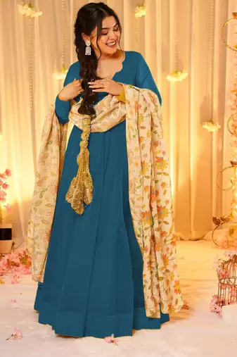 Blue silk blend floral printed anarkali gown with dupatta for women