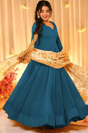 Blue silk blend floral printed anarkali gown with dupatta for women