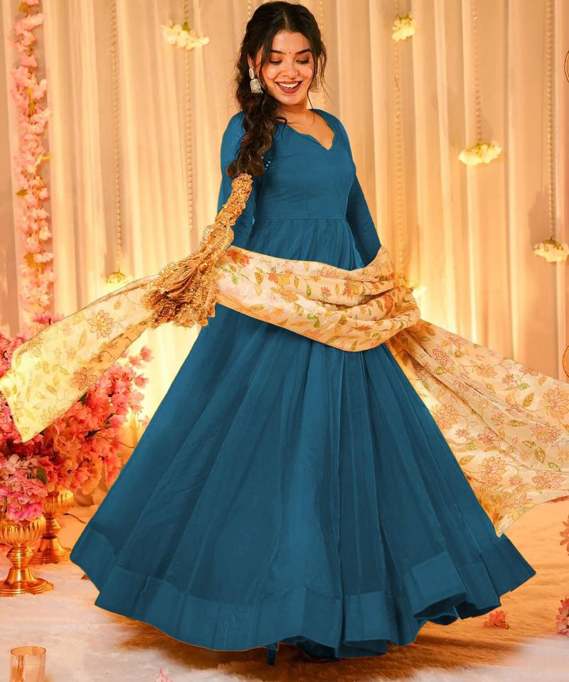 Blue silk blend floral printed anarkali gown with dupatta for women