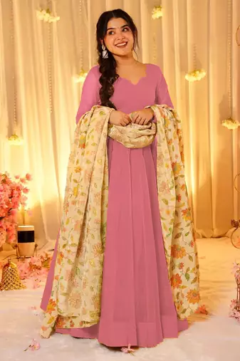 Pink silk blend floral printed anarkali gown with dupatta for women