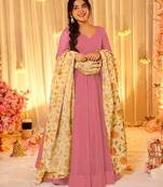 Pink silk blend floral printed anarkali gown with dupatta for women
