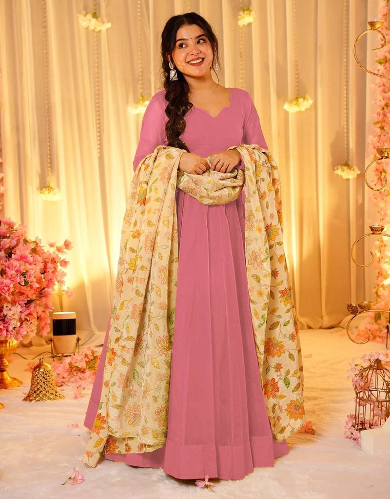 Pink silk blend floral printed anarkali gown with dupatta for women