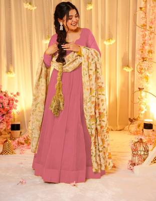Pink silk blend floral printed anarkali gown with dupatta for women 2