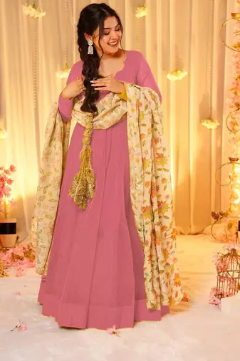 Pink silk blend floral printed anarkali gown with dupatta for women