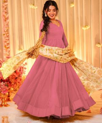 Pink silk blend floral printed anarkali gown with dupatta for women 3