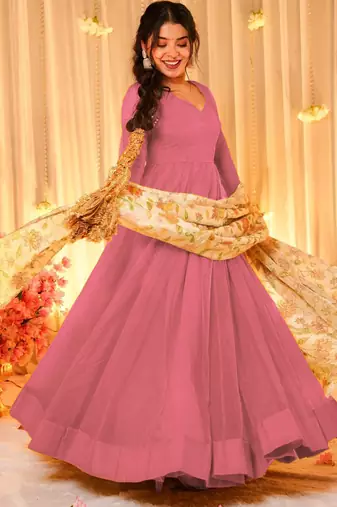 Pink silk blend floral printed anarkali gown with dupatta for women