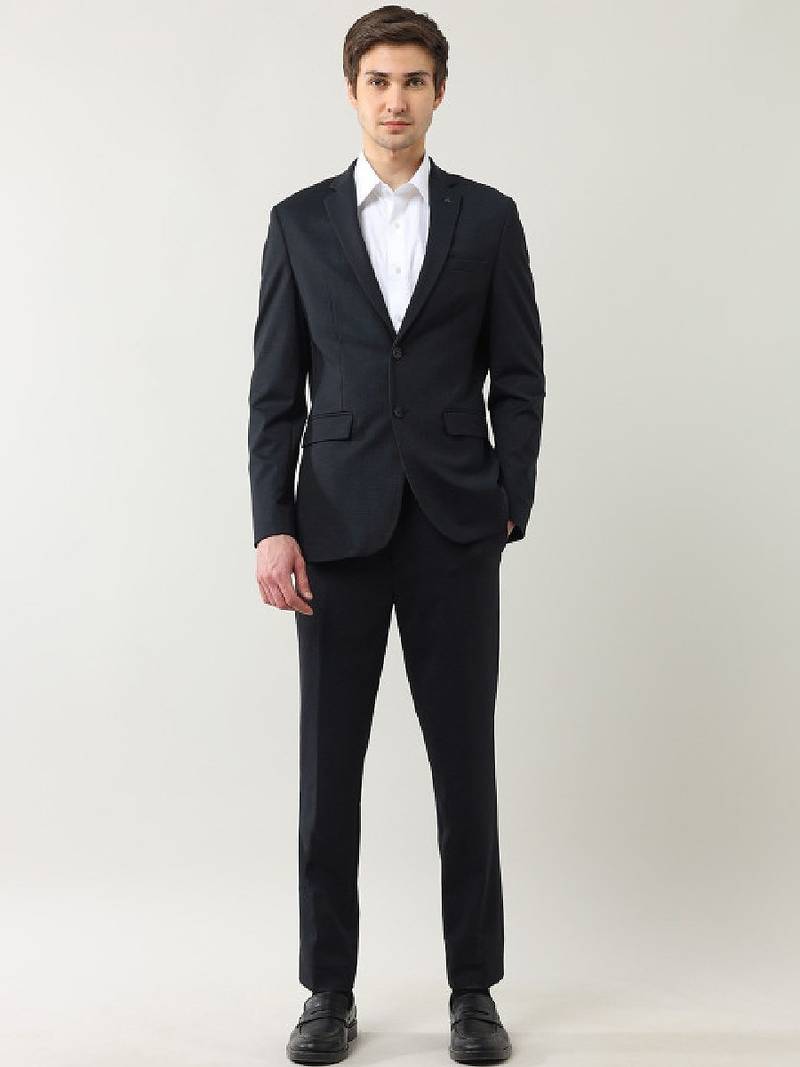 Men self design slim fit single-breasted two-piece formal suit