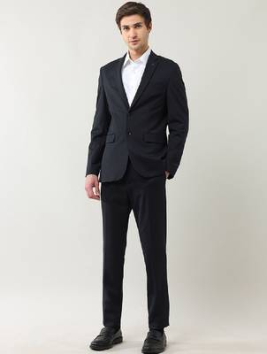 Men self design slim fit single-breasted two-piece formal suit 3