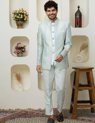 Men embroidered mandarin collar bandhgala two-piece suit 1