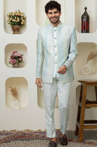 Men embroidered mandarin collar bandhgala two-piece suit