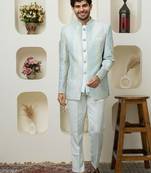 Men embroidered mandarin collar bandhgala two-piece suit