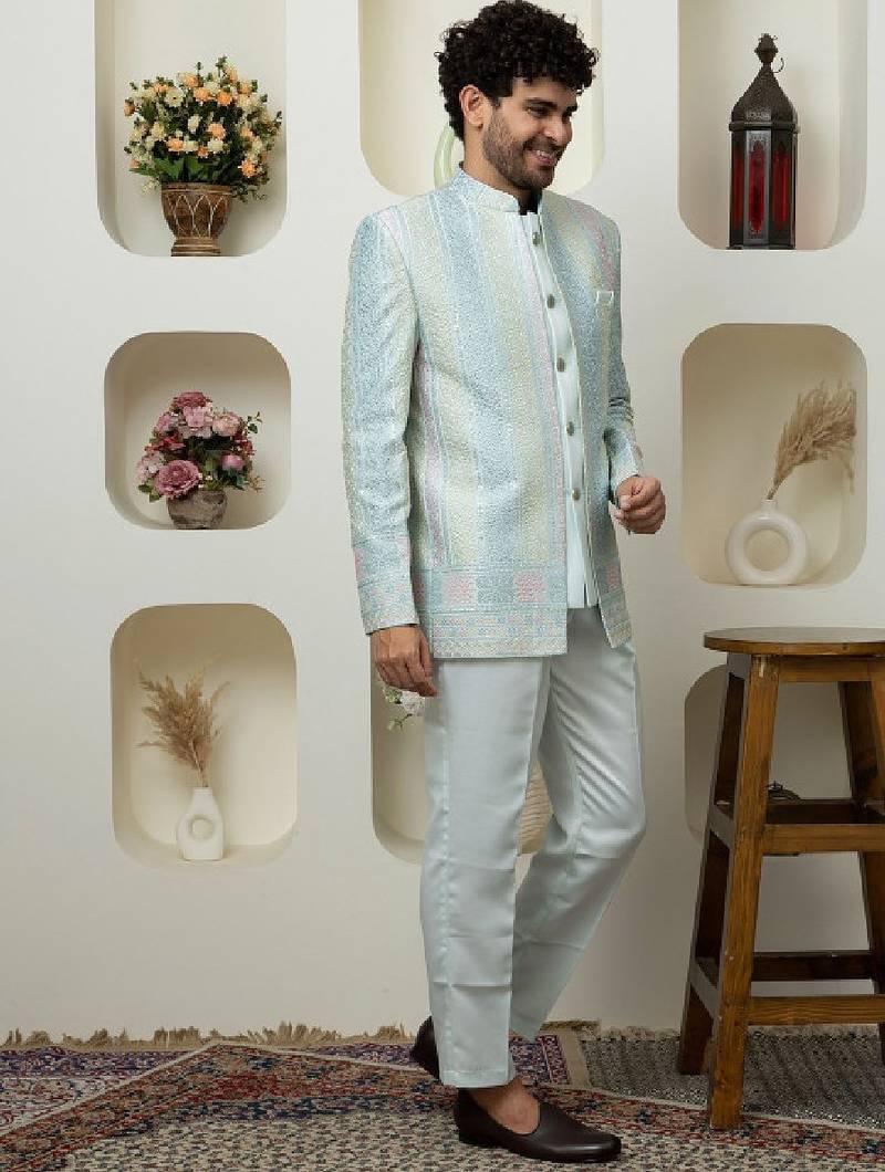 Men embroidered mandarin collar bandhgala two-piece suit