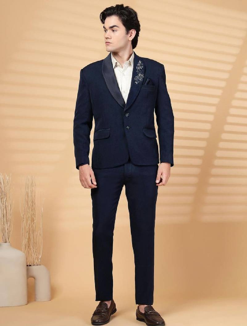 Klotthe blue solid embroidery single-breasted two-piece party suit