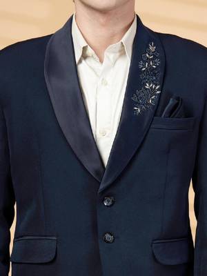 Klotthe blue solid embroidery single-breasted two-piece party suit 2