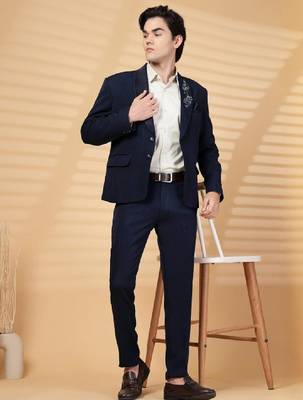 Klotthe blue solid embroidery single-breasted two-piece party suit 3