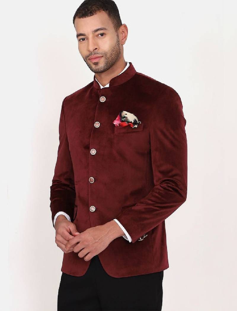 Men mandarin collar single breasted bandhgala 2-piece suit