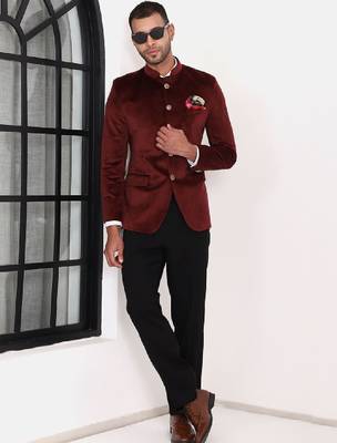 Men mandarin collar single breasted bandhgala 2-piece suit 4