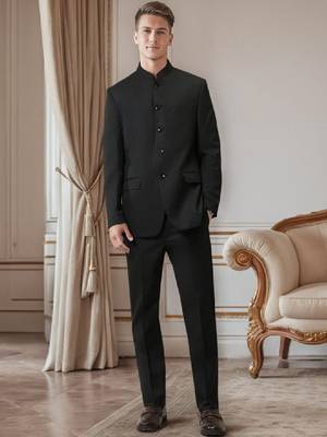 Men mandarin collar long sleeves blazer and trousers suit 1