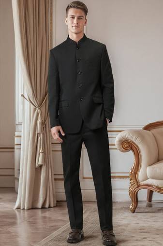 Men mandarin collar long sleeves blazer and trousers suit
