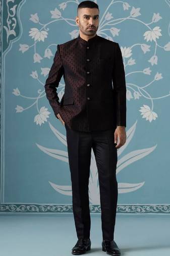Black lavender textured mandarin collar bandhgala suit