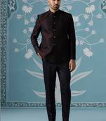 Black lavender textured mandarin collar bandhgala suit