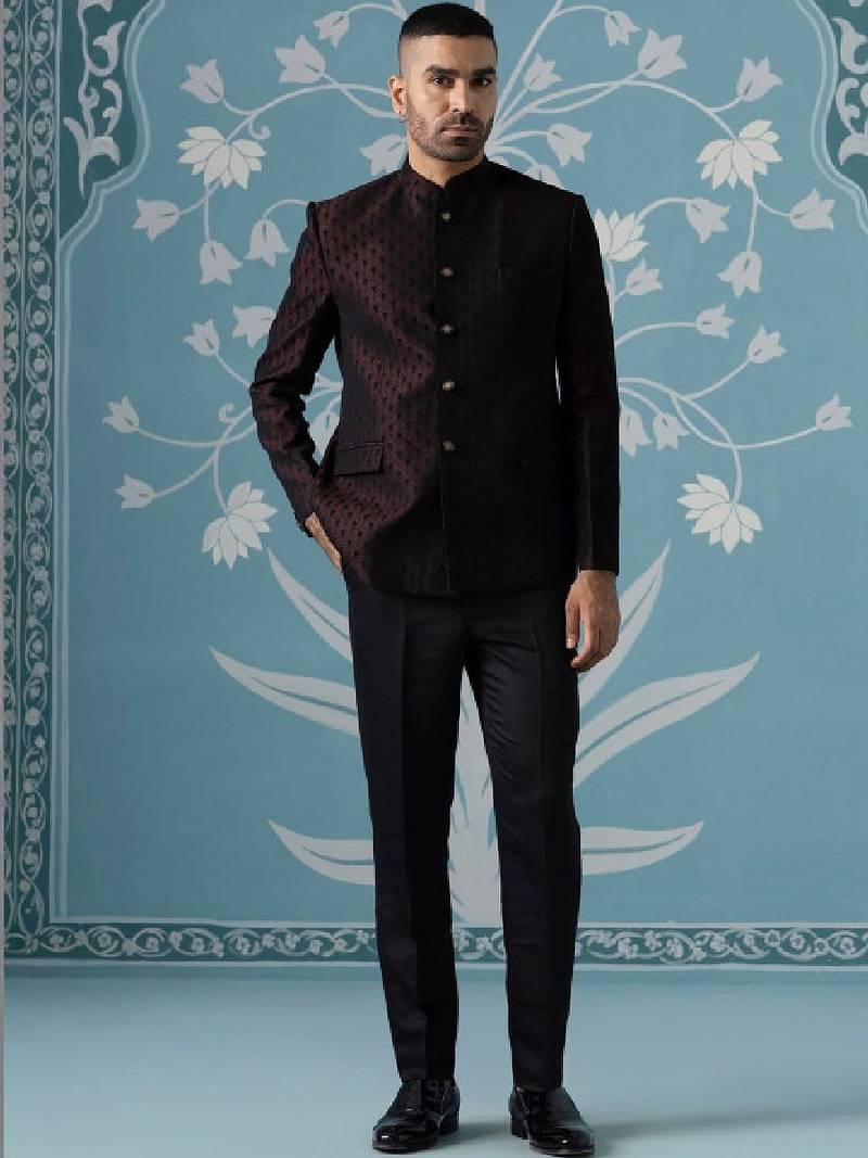 Black lavender textured mandarin collar bandhgala suit