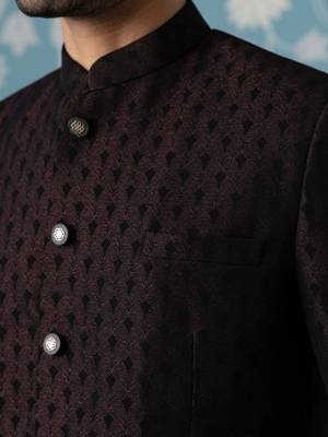 Black lavender textured mandarin collar bandhgala suit 2