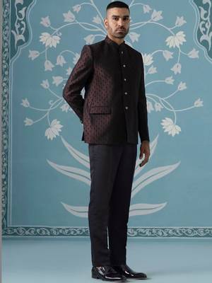 Black lavender textured mandarin collar bandhgala suit 3