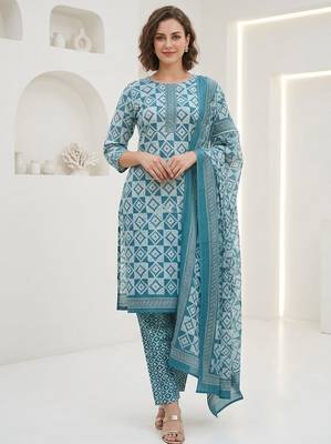 Blue printed cotton blend stitched geometric print salwar kurta dupatta for women 1