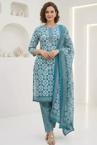 Blue printed cotton blend stitched geometric print salwar kurta dupatta for women