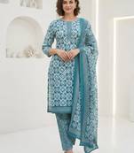 Blue printed cotton blend stitched geometric print salwar kurta dupatta for women
